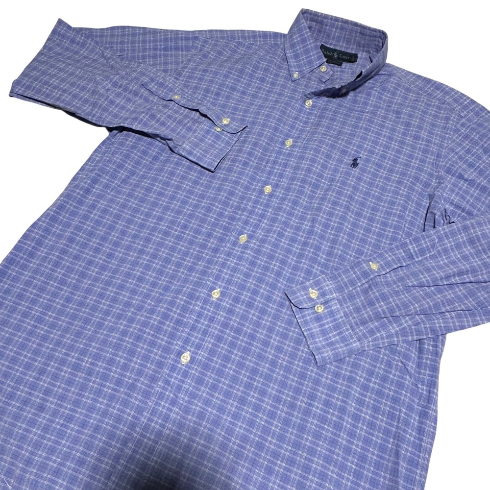 Ralph Lauren Button Down Shirt Mens 15.5 34/35 Blue Plaid Yarmouth Cotton